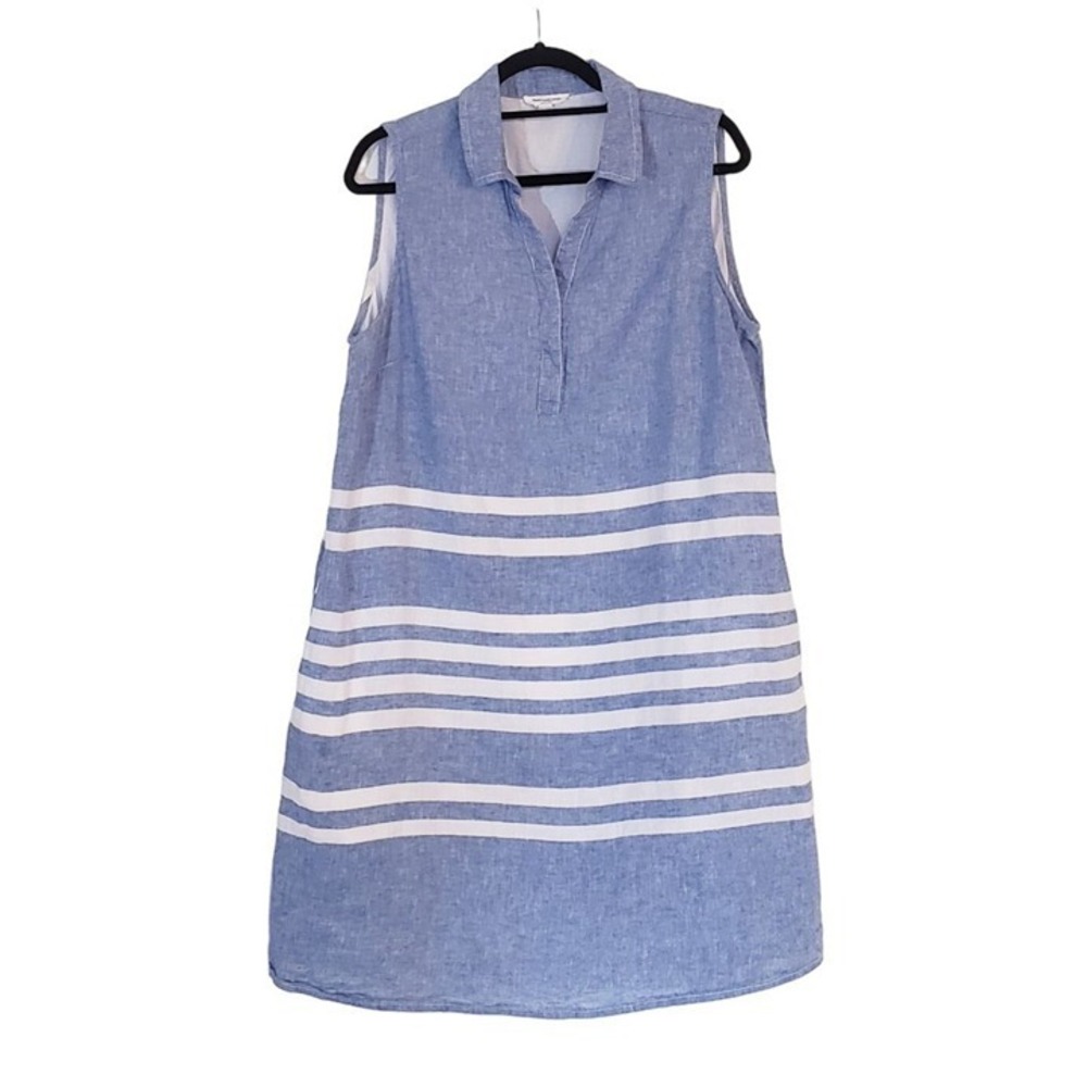 Beach lunch lounge linen dress size Medium sleeveless shirtdress blue